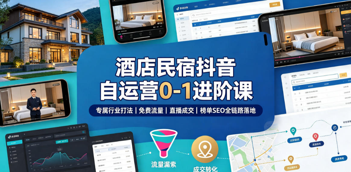 酒店民宿抖音自运营0-1进阶课｜专属行业打法、免费流量+直播成交+榜单SEO全链路落地-洛柒笔记