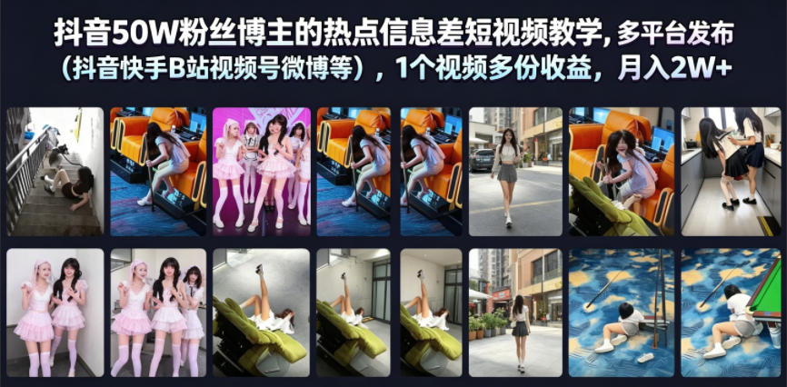 抖音50W粉丝博主的热点信息差教学，多平台发布（抖音快手B站视频号微博等），1个视频多份收益，月入2W+-洛柒笔记