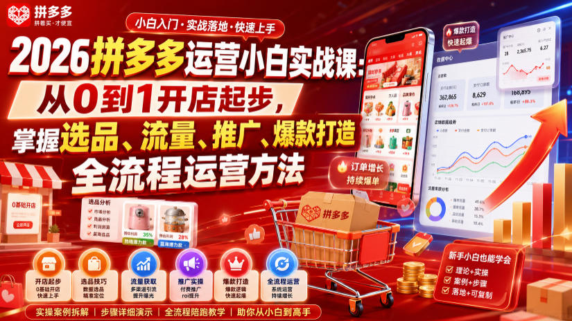 2026拼多多运营小白实战课：从0到1开店起步，掌握选品、流量、推广、爆款打造全流程运营方法-洛柒笔记