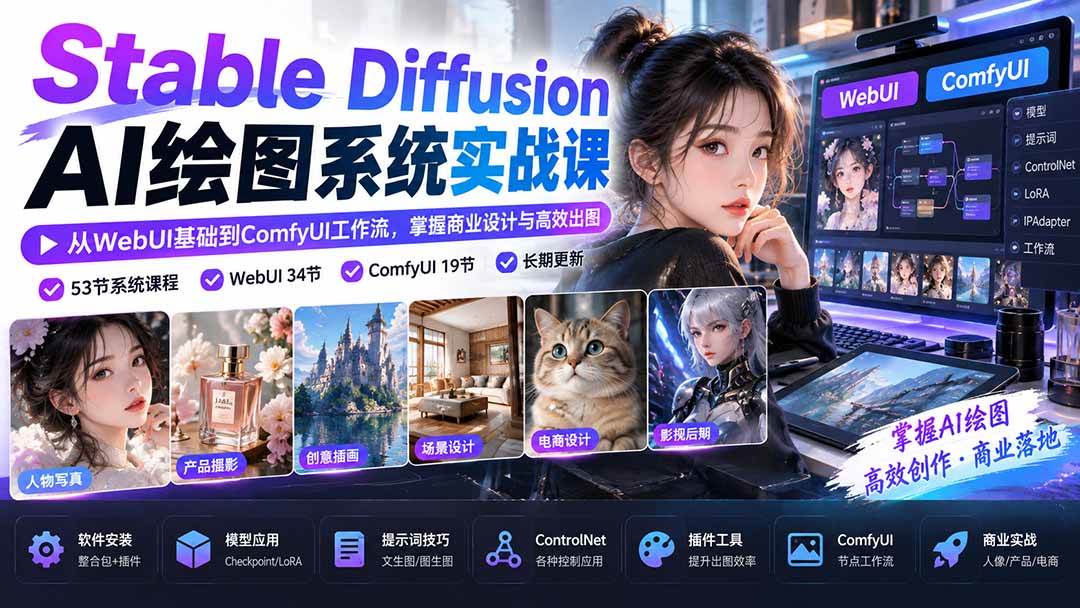（20678期）Stable Diffusion AI绘图系统实战课：从WebUI基础到ComfyUI工作流，掌握商业设计与高效出图-洛柒笔记