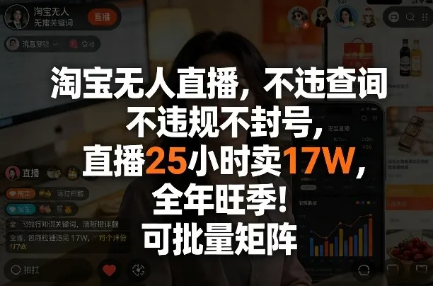 淘宝无人直播，不违规不封号，直播25小时卖17W，全年旺季！可批量矩阵-洛柒笔记