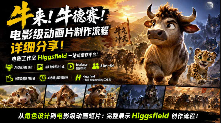 牛来！牛德赛！电影级动画片制作流程详细分享！电影工作室Higgsfield一站式创作平台，完整创作流程-洛柒笔记