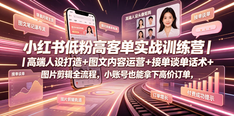 小红书低粉高客单实战训练营｜高端人设打造+图文内容运营+接单谈单话术+图片剪辑全流程，小账号也能拿下高价订单-洛柒笔记
