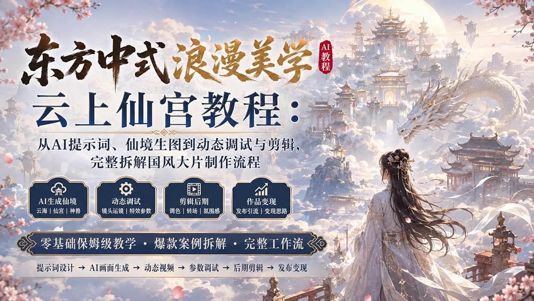 （20147期）东方中式浪漫美学云上仙宫教程：从AI提示词、仙境生图到动态调试与剪辑，完整拆解国风大片制作流程-洛柒笔记