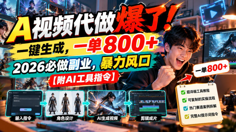 A视频代做爆了！一键生成，一单800+，2026必做副业，暴力风口【附AI工具指令】-洛柒笔记