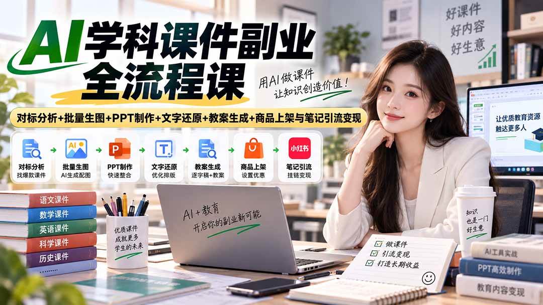 （20469期）AI学科课件副业全流程课｜对标分析+批量生图+PPT制作+文字还原+教案生成+商品上架与笔记引流变现-洛柒笔记