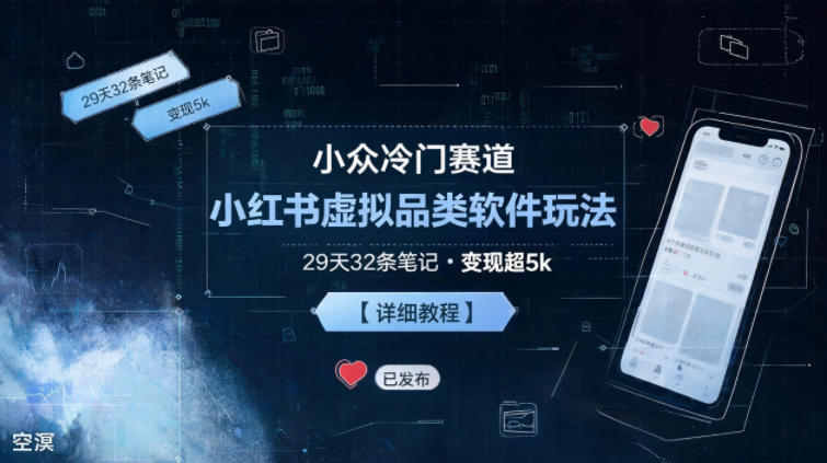小众冷门赛道，小红书虚拟品类软件玩法，29天32条笔记，变现5k【详细拆解】-洛柒笔记