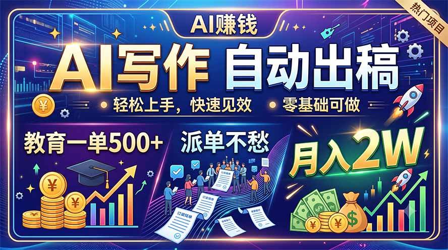 （19614期）AI写作自动出稿，教育一单500+，派单不愁，月入2W-洛柒笔记