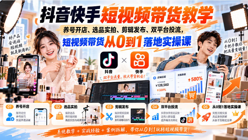 抖音快手短视频带货教学｜养号开店、选品实拍、剪辑发布、双平台投流，短视频带货从0到1落地实操课-洛柒笔记