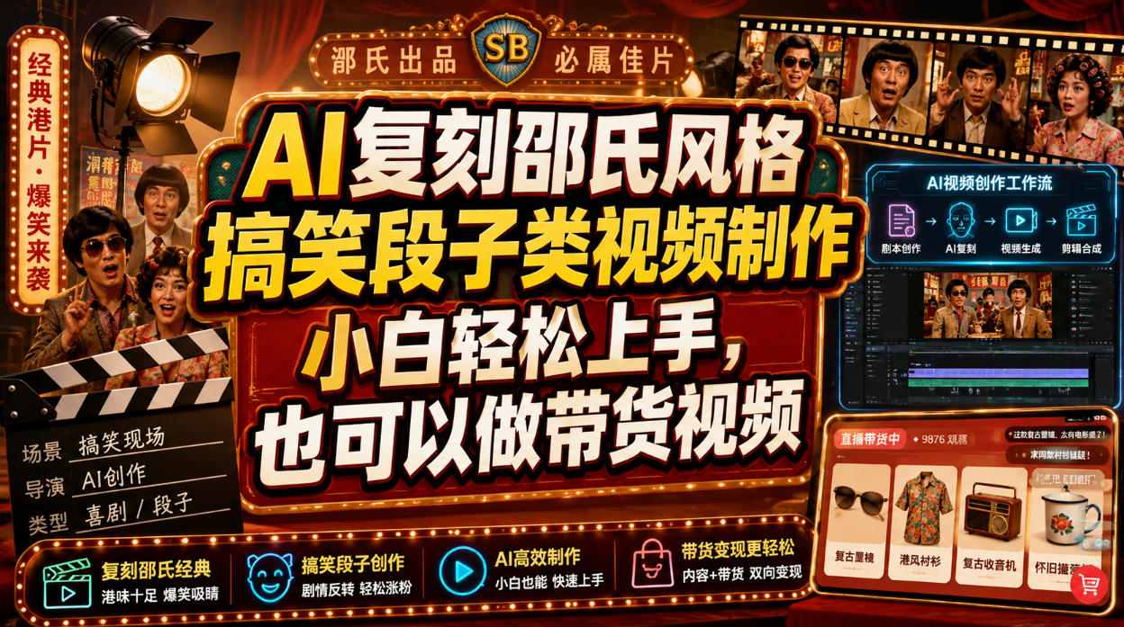 AI复刻邵氏风格搞笑段子类视频制作，小白轻松上手，也可以做带货视频-洛柒笔记