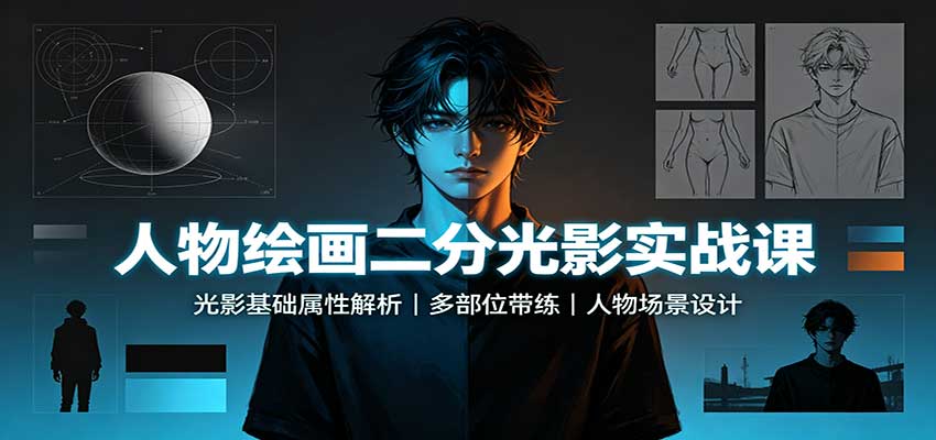 人物绘画二分光影实战课：光影基础属性解析，多部位带练，人物场景设计-洛柒笔记