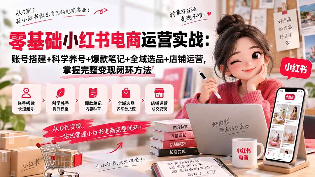 （20467期）零基础小红书电商运营实战：账号搭建+科学养号+爆款笔记+全域选品+店铺运营，掌握完整变现闭环方法-洛柒笔记