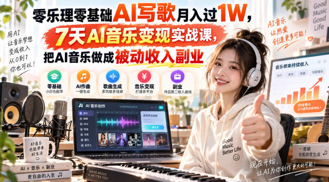 零乐理零基础AI写歌月入过1W，7天AI音乐变现实战课，把AI音乐做成被动收入副业-洛柒笔记