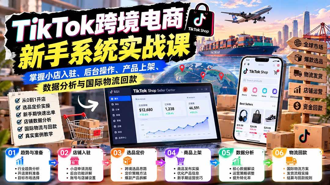 （20672期）TikTok跨境电商新手系统实战课：掌握小店入驻、后台操作、产品上架、数据分析与国际物流回款-洛柒笔记