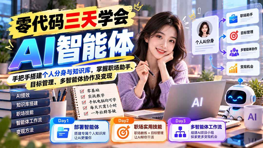 （20978期）【无水印】零代码三天学会AI智能体：手把手搭建个人分身与知识库，掌握职场助手、目标管理、多智能体协作及变现-洛柒笔记