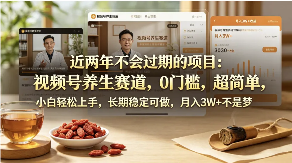 近两年不会过期的项目：视频号养生赛道，0门槛，超简单，小白轻松上手，长期稳定可做，月入3w+不是梦-洛柒笔记