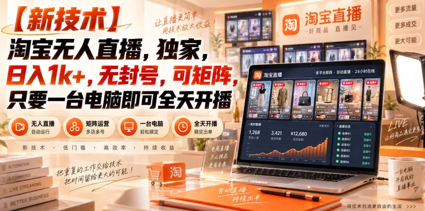 【独家新技术】淘宝无人直播，日入1k+，无封号，可矩阵，只要一台电脑即可全天开播-洛柒笔记