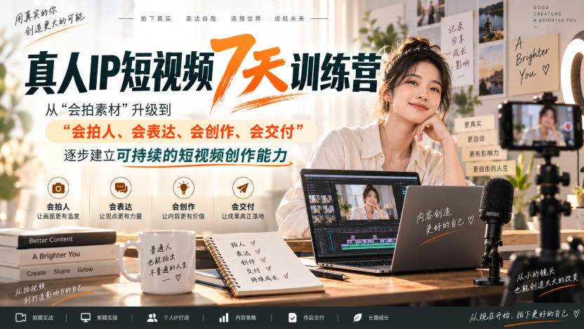 真人IP短视频7天训练营，从“会拍素材”升级到“会拍人、会表达、会创作、会交付”，逐步建立可持续的短视频创作能力-洛柒笔记
