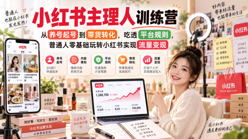 小红书主理人训练营，从养号起号到带货转化，吃透平台规则，普通人零基础玩转小红书实现流量变现-洛柒笔记