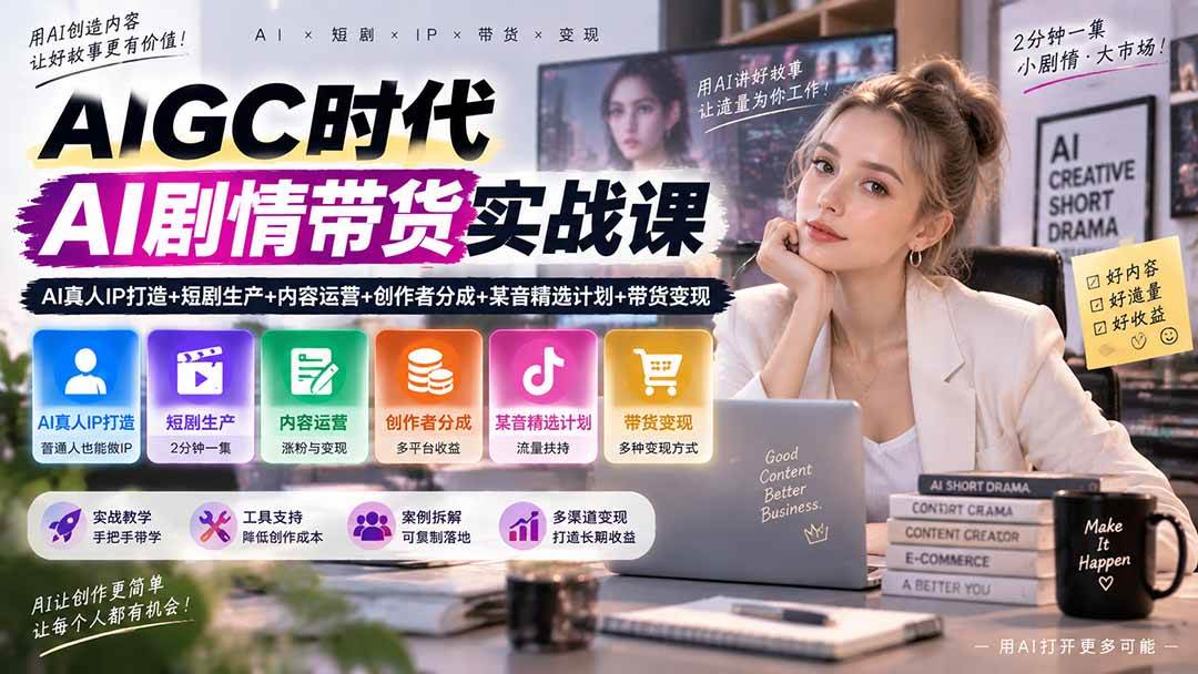 （20567期）AIGC时代AI剧情带货实战课｜AI真人IP打造+短剧生产+内容运营+创作者分成、某音精选计划+带货变现
