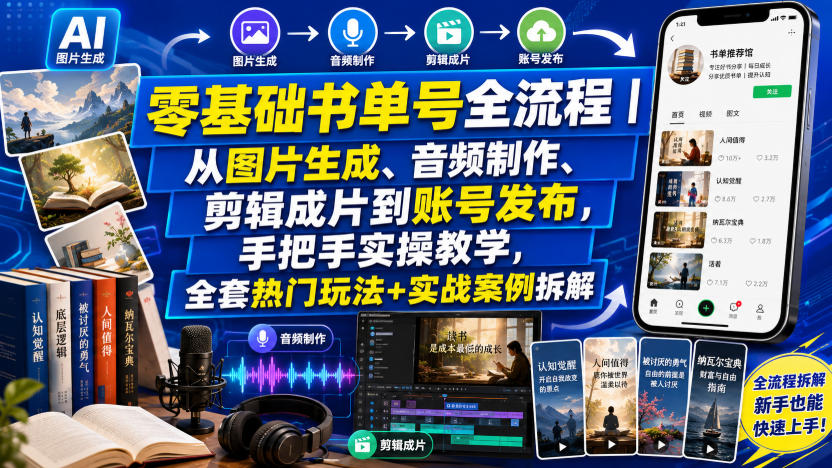 零基础书单号全流程｜从图片生成、音频制作、剪辑成片到账号发布，手把手实操教学，全套热门玩法+实战案例拆解-洛柒笔记