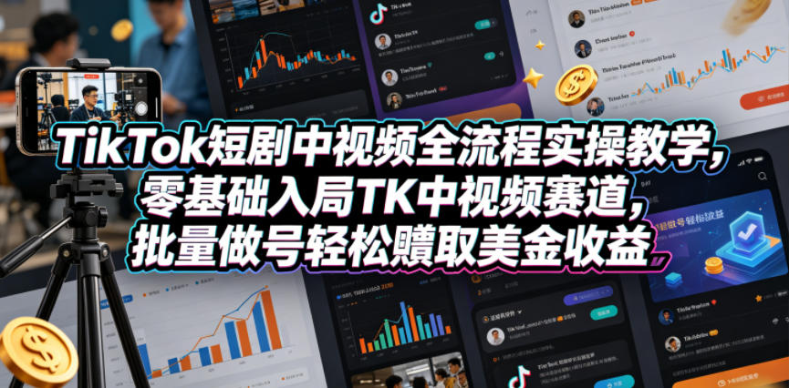 TikTok短剧中视频全流程实操教学，零基础入局TK中视频赛道，批量做号轻松賺取美金收益-洛柒笔记
