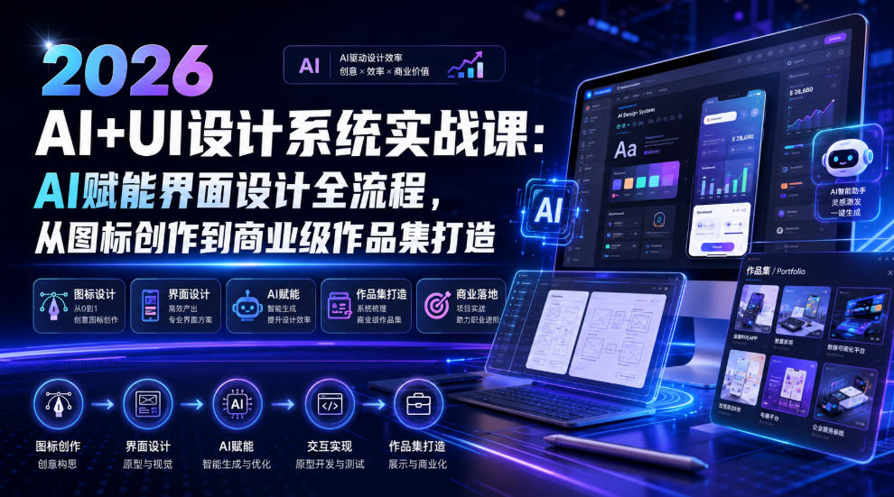2026 AI+UI设计系统实战课：AI赋能界面设计全流程，从图标创作到商业级作品集打造-洛柒笔记
