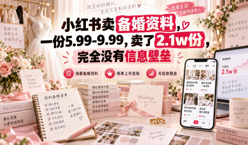 小红书卖备婚资料，一份5.99-9.99，卖了2.1w份，完全没有信息壁垒-洛柒笔记