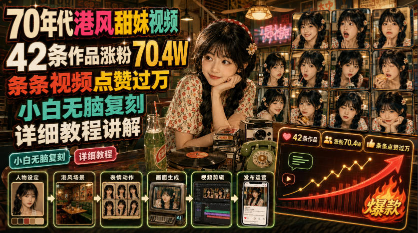 70年代港风甜妹视频，42条作品涨粉70.4W，条条视频点赞过万，小白无脑复刻，详细教程讲解-洛柒笔记