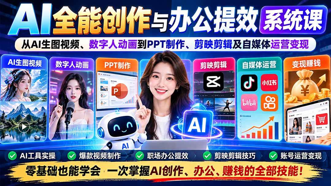 （20885期）AI全能创作与办公提效系统课：从AI生图视频、数字人动画到PPT制作、剪映剪辑及自媒体运营变现-洛柒笔记