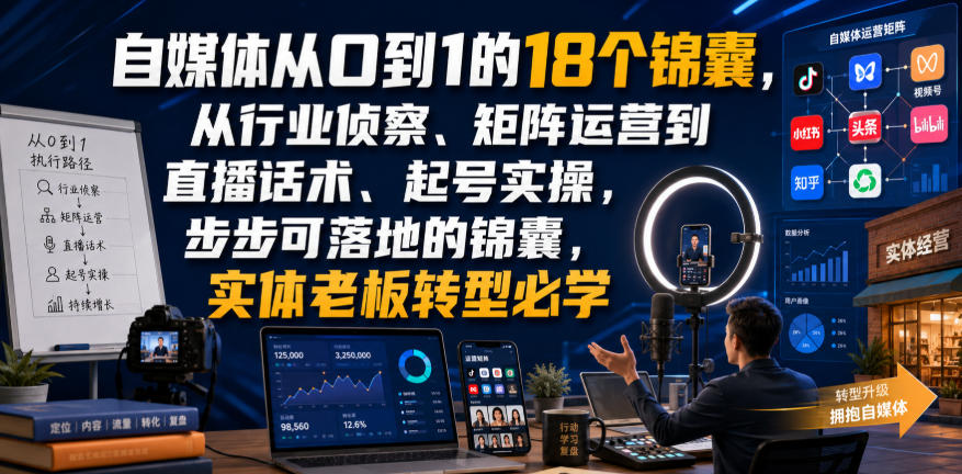 自媒体从0到1的18个锦囊，从行业侦察、矩阵运营到直播话术、起号实操，步步可落地的锦囊，实体老板转型必学-洛柒笔记