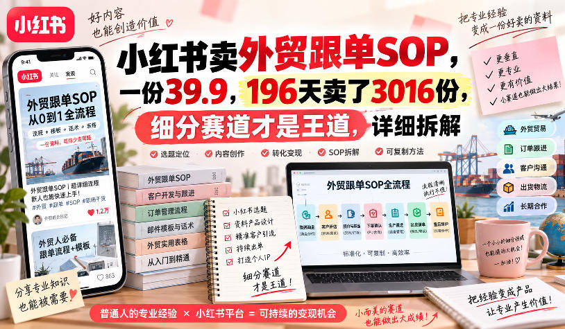 小红书卖外贸跟单sop，一份39.9，196天卖了3016份，细分赛道才是王道，详细拆解-洛柒笔记