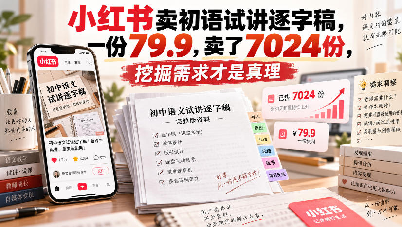 小红书卖初语试讲逐字稿，一份79.9，卖了7024份，挖掘需求才是真理-洛柒笔记