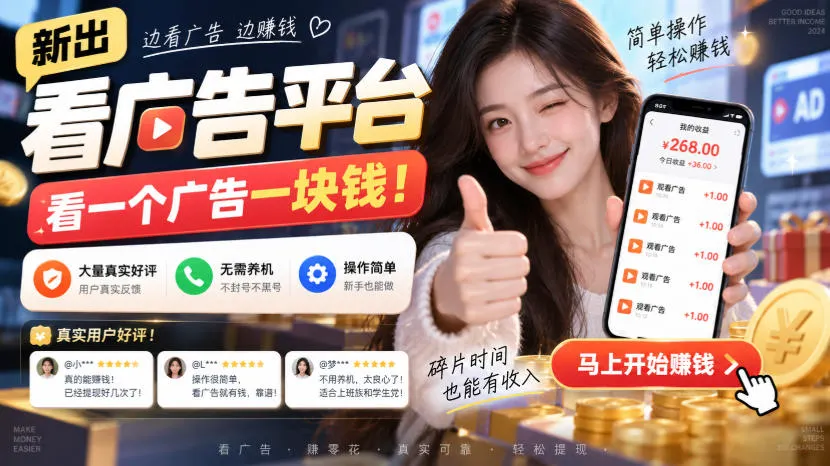 新出看广告平台，看一个广告一块钱，大量真实好评！无需养机、不会黑号，操作简单-洛柒笔记