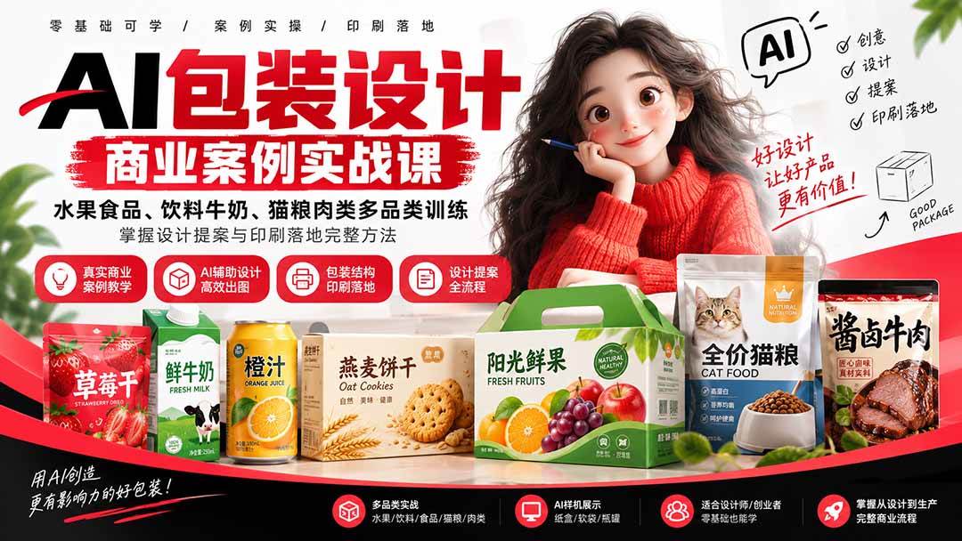 （20387期）AI包装设计商业案例实战课：水果食品、饮料牛奶、猫粮肉类多品类训练，掌握设计提案与印刷落地完整方法-洛柒笔记