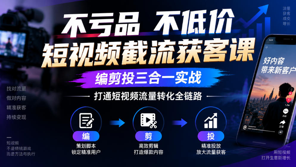 不亏品不低价短视频截流获客课，编剪投三合一实战，打通短视频流量转化全链路-洛柒笔记