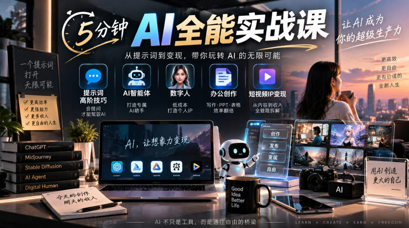 5分钟AI全能实战课｜提示词高阶技巧+AI智能体+数字人+办公创作+短视频IP变现全教程-洛柒笔记