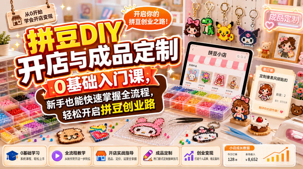 拼豆DIY开店与成品定制0基础入门课，新手也能快速掌握全流程，轻松开启拼豆创业路-洛柒笔记
