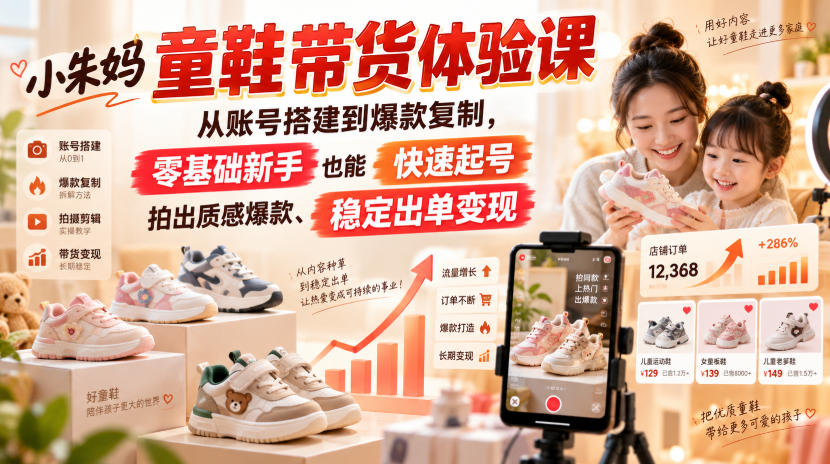 小朱妈童鞋带货体验课，从账号搭建到爆款复制，零基础新手也能快速起号、拍出质感爆款、稳定出单变现-洛柒笔记