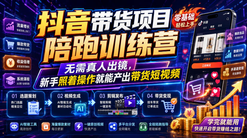 抖音带货项目陪跑训练营，无需真人出镜，新手照着操作就能产出带货短视频（更新0811）-洛柒笔记