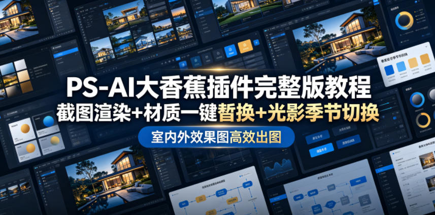 PS-AI大香蕉插件完整版教程，截图渲染+材质一键替换+光影季节切换，室内外效果图高效出图高阶课程-洛柒笔记