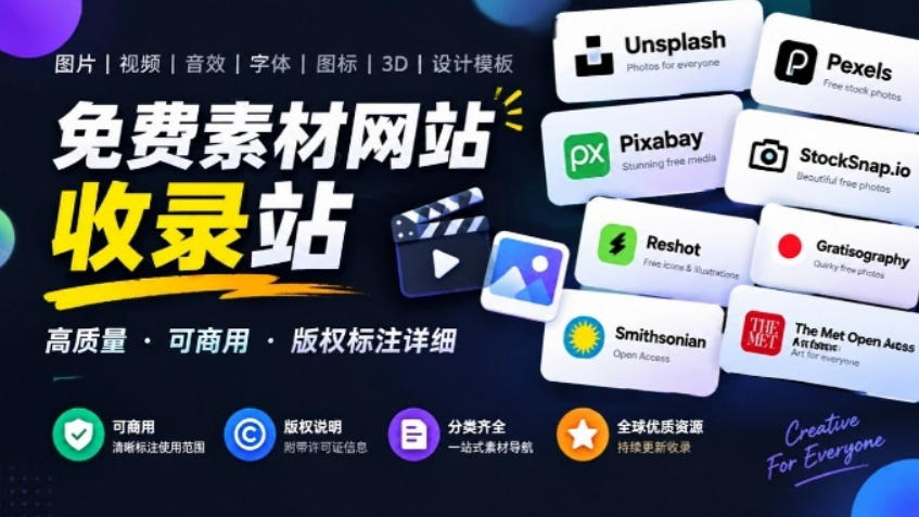 剪片、直播、做播客都能用的免费素材网站收录站，署名和可商用条件标清楚，自媒体必备Free for Creators