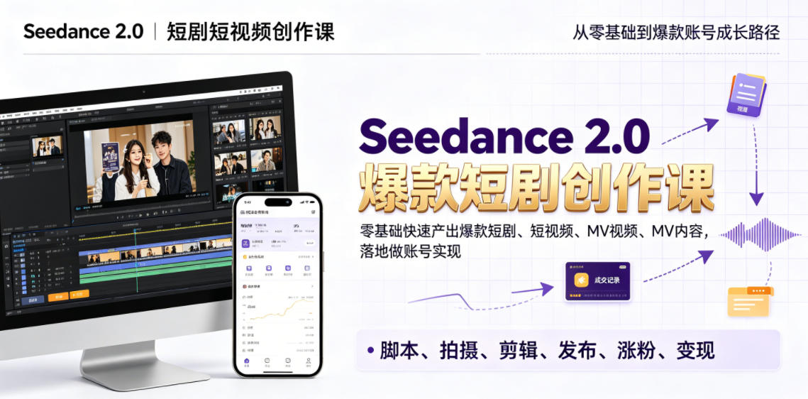 Seedance 2.0短剧短视频创作课，零基础快速产出爆款短剧、短视频、MV内容，落地做账号实现变现-洛柒笔记