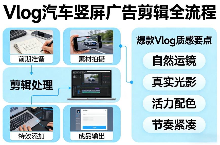 Vlog感觉汽车竖屏广告剪辑脚本全流程，拿捏爆款Vlog质感-洛柒笔记