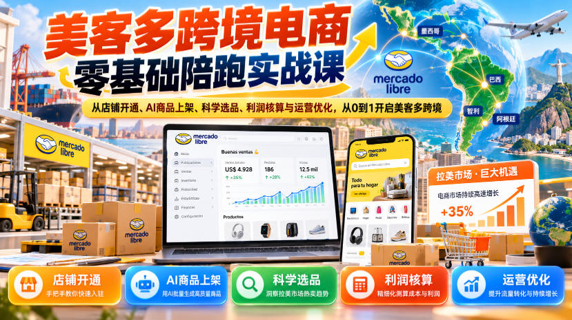 美客多跨境电商零基础陪跑实战课：从店铺开通、AI商品上架、科学选品、利润核算与运营优化，从0到1开启美客多跨境-洛柒笔记
