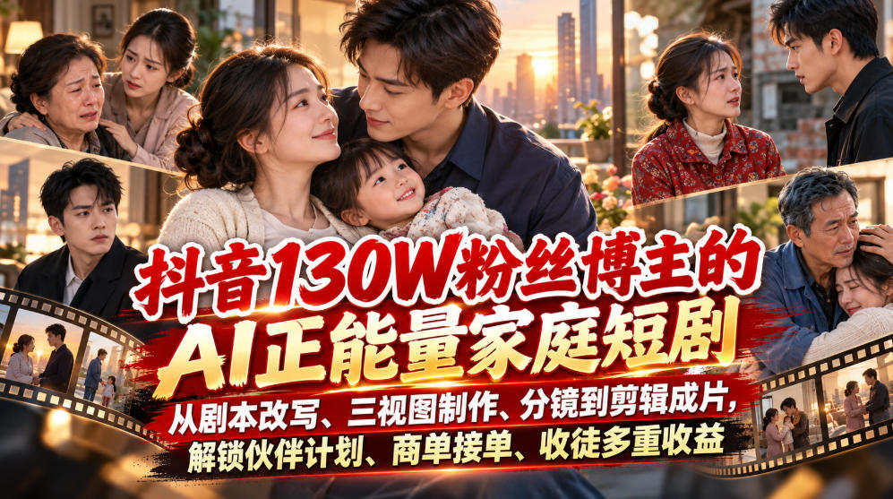 抖音130W粉丝博主的AI正能量家庭短剧，从剧本改写、三视图制作、分镜到剪辑成片，解锁伙伴计划、商单接单、收徒多重收益-洛柒笔记