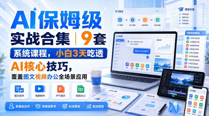 AI保姆级实战合集｜9套系统课程，小白3天吃透AI核心技巧，覆盖图文视频办公全场景应用-洛柒笔记