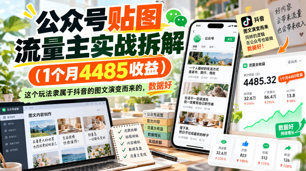 公众号贴图流量主实战拆解(1个月4485收益)，这个玩法隶属于抖音的图文演变而来的，数据好-洛柒笔记