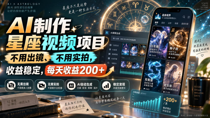 AI制作星座视频项目，不用出镜、不用实拍，收益稳定，每天收益200+-洛柒笔记
