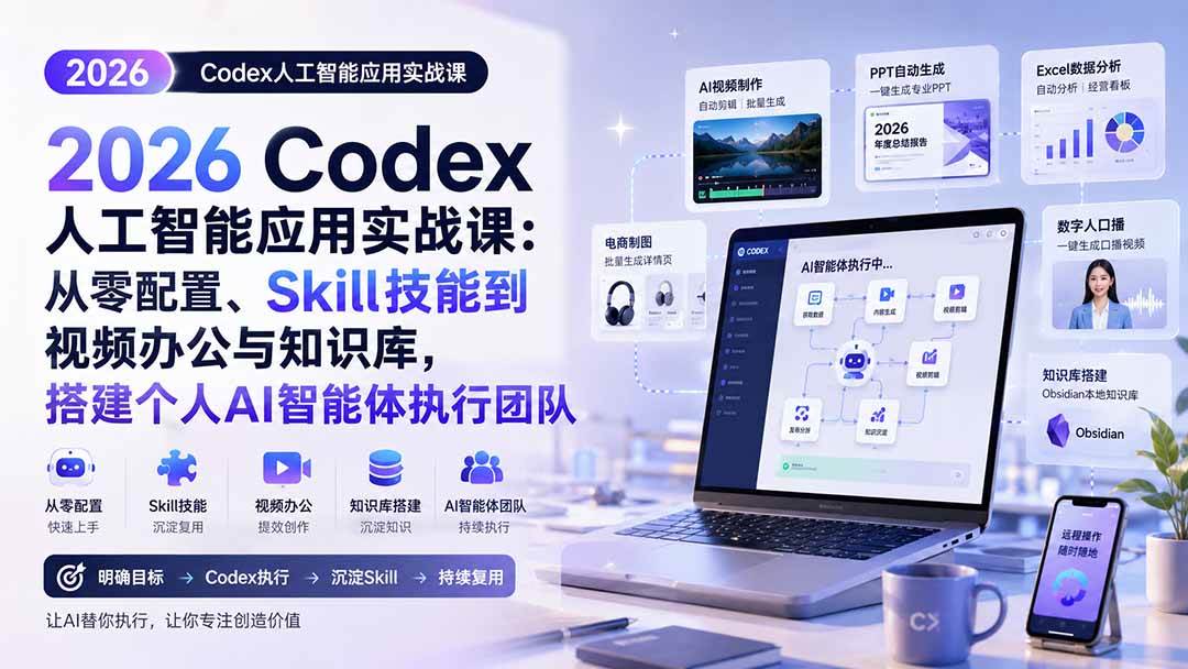 （20067期）2026 Codex人工智能应用实战课：从零配置、Skill技能到视频办公与知识库，搭建个人AI智能体执行团队-洛柒笔记